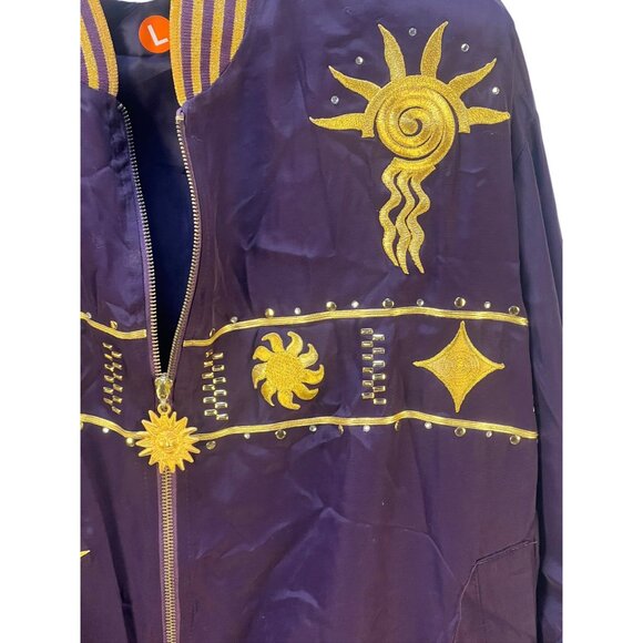 Caché Satin Bomber Jacket Gold Sunburst Crafty Embellishments Striped Size L Pu - Picture 4 of 10